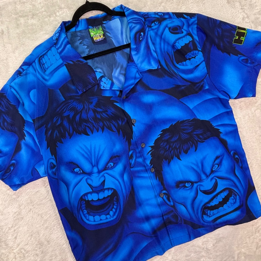 Marvel Mens Shirt XL Blue The Incredible Hulk Vintage 2002 All Over Print Button